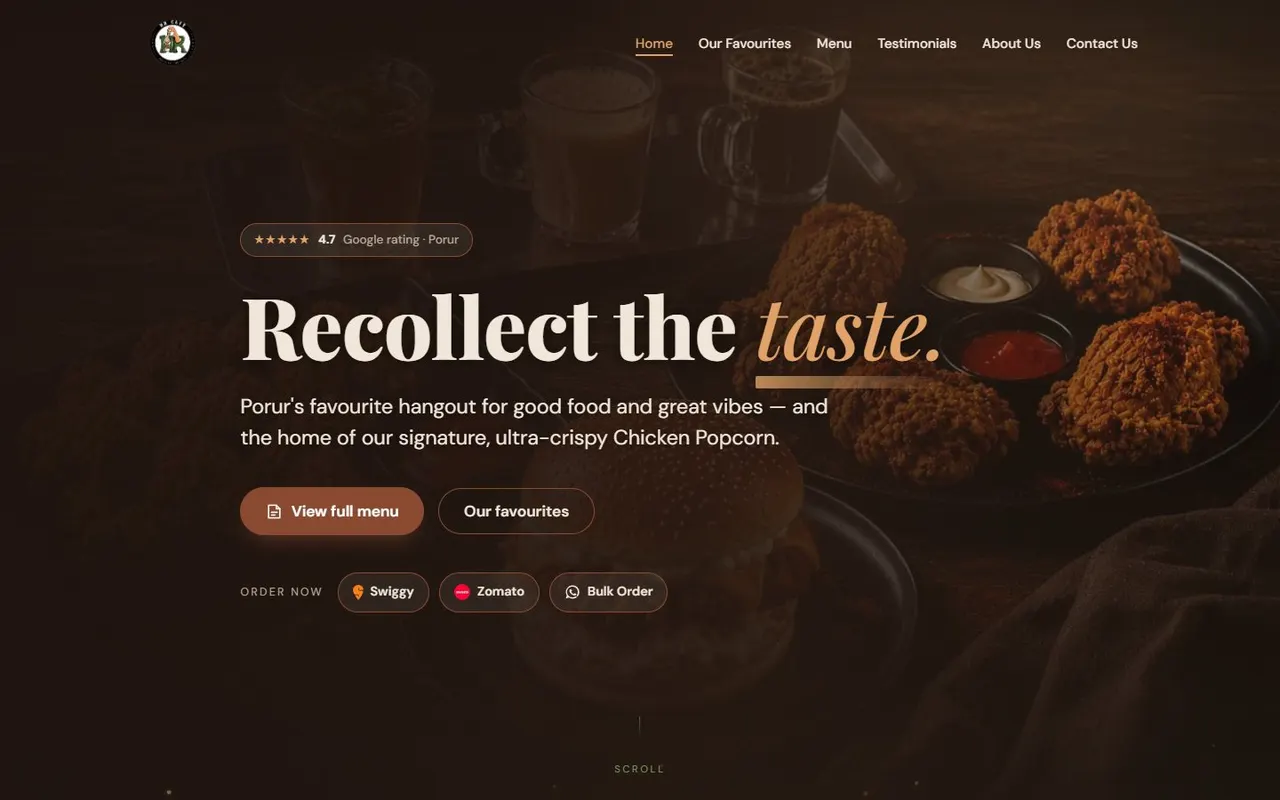 HR Cafe home screen: the headline Recollect the taste over a dark food photo, with a View full menu button and Swiggy, Zomato and WhatsApp ordering links, on desktop
